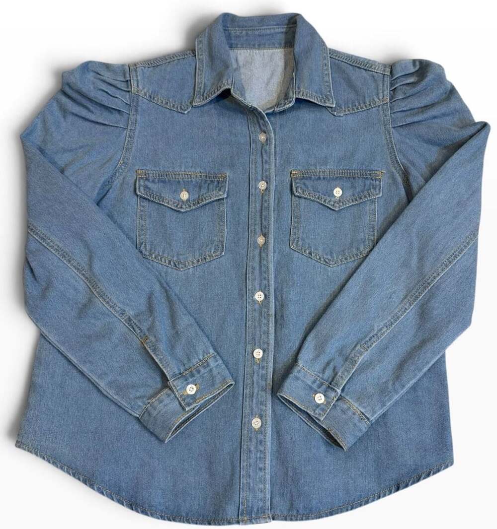 Shein Denim Button Down Shirt Size L Blue Long Puff Sleeve Pocket Top